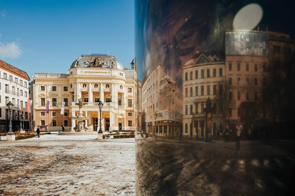 theater, bratislava, old town, reflection, bottle, facade, building, old building, national theater, historic, historical, landmark, tourist attraction, street, urban, city, slovakia, bratislava, bratislava, bratislava, bratislava, bratislava, slovakia, slovakia