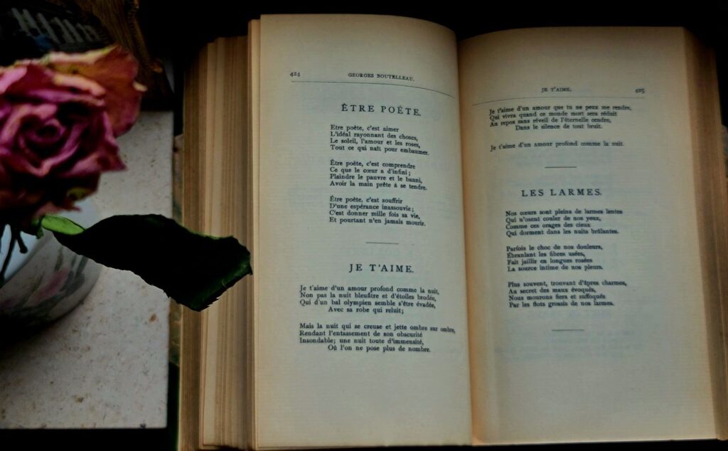 An open vintage poetry book with a dried rose beside it in Brussels, Belgium.